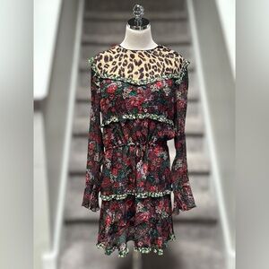 Anthropologie Scotch & Soda Leopard & Lillies Floral Long Sleeve Mini Dress Chic